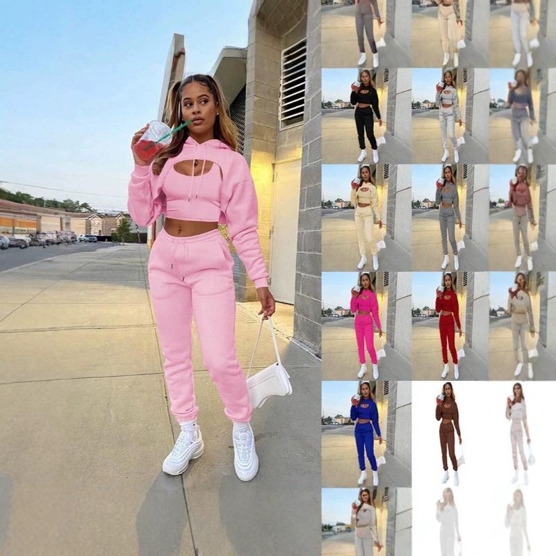Fashion Women's Clothing Fleece Drawstring Solid Color Hooded Sweater Long Sleeve Drawstring Pants Three-piece Set