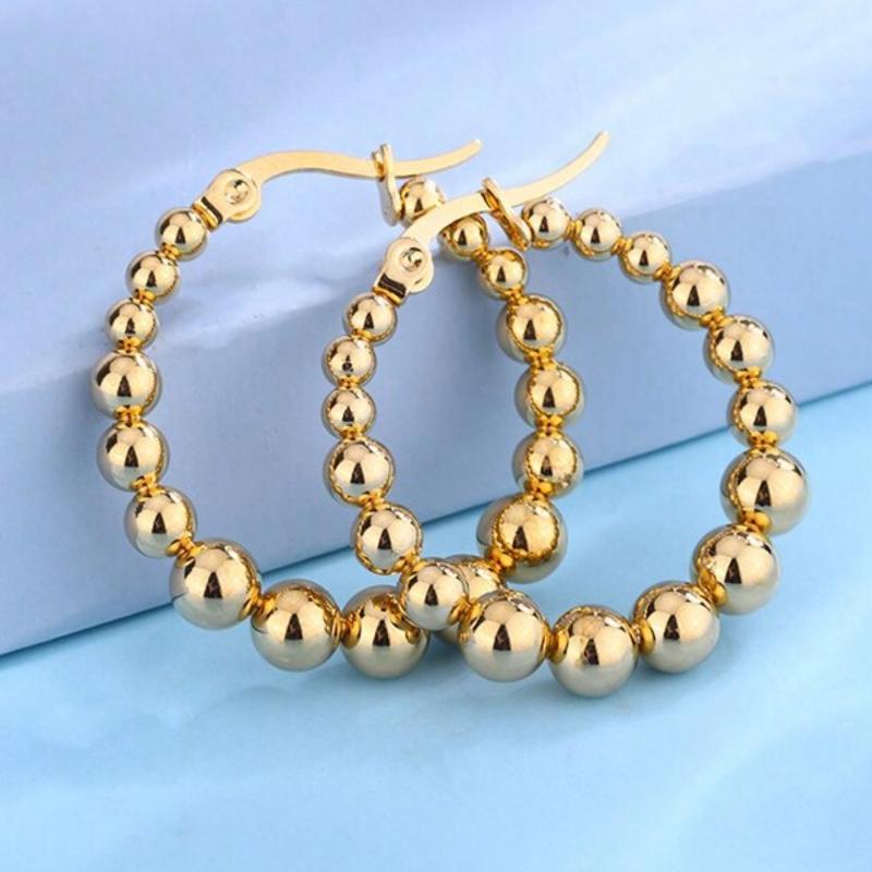 1pair Stainless Steel Ball Bead Hoop Earrings