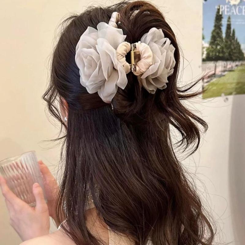 Elegant Delicate Large Fabric Mesh Rose Flower Hair Clip For Women Girls Imitation Pearl Floral Shark Clip Hair Accessories