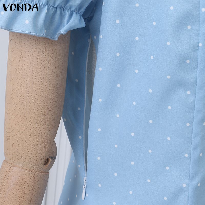 VONDA Rochie Mini Casual pentru Femei cu Gât Pătrat, Mâneci Scurte Bufante, Fundă și Buline