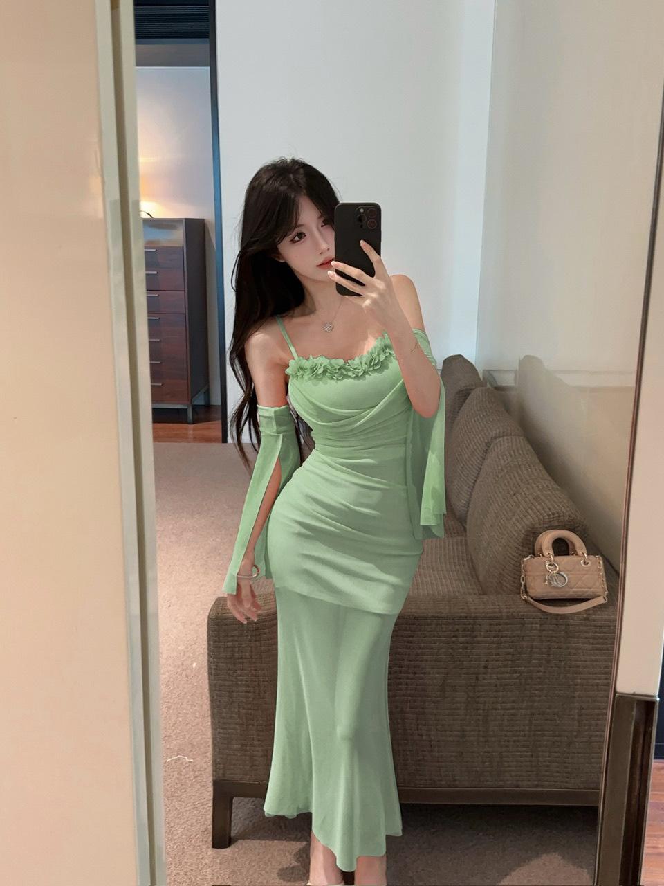 Sexy dress temperament mesh lace tube top fishtail skirt low cut fashion hip sling skirt S зелёный