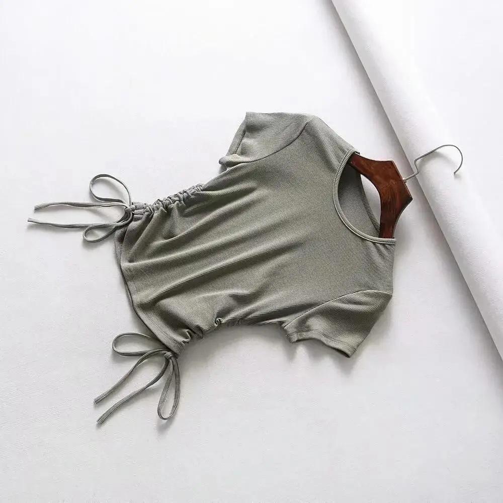 Pure Color Sexy Drawstring Women's Short-sleeved Round Neck Short Slim-fit Hem T-shirt Bottoming Shirt