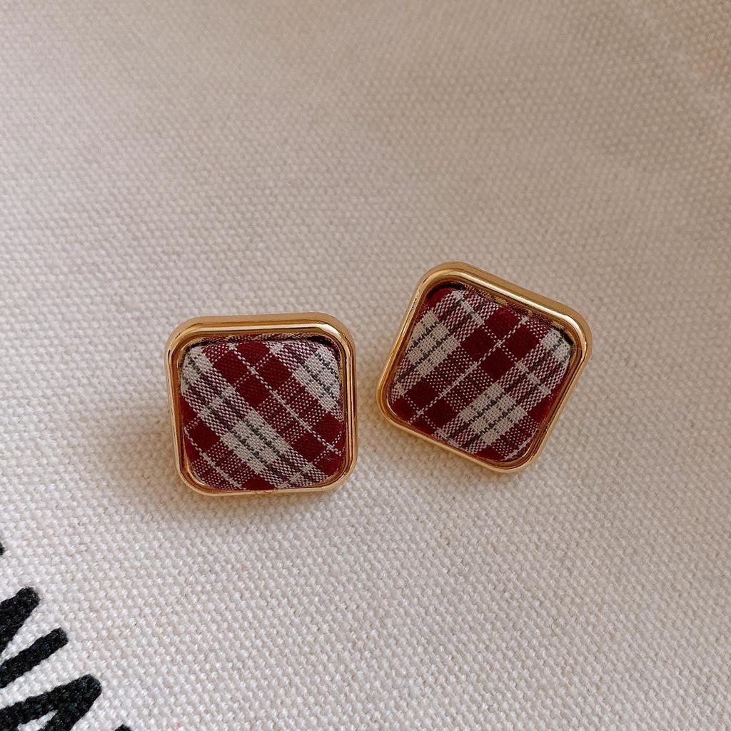 Silver Needle Retro Hong Kong Style Square Fabric Plaid Earrings Earrings Autumn and Winter Personality Earrings Women