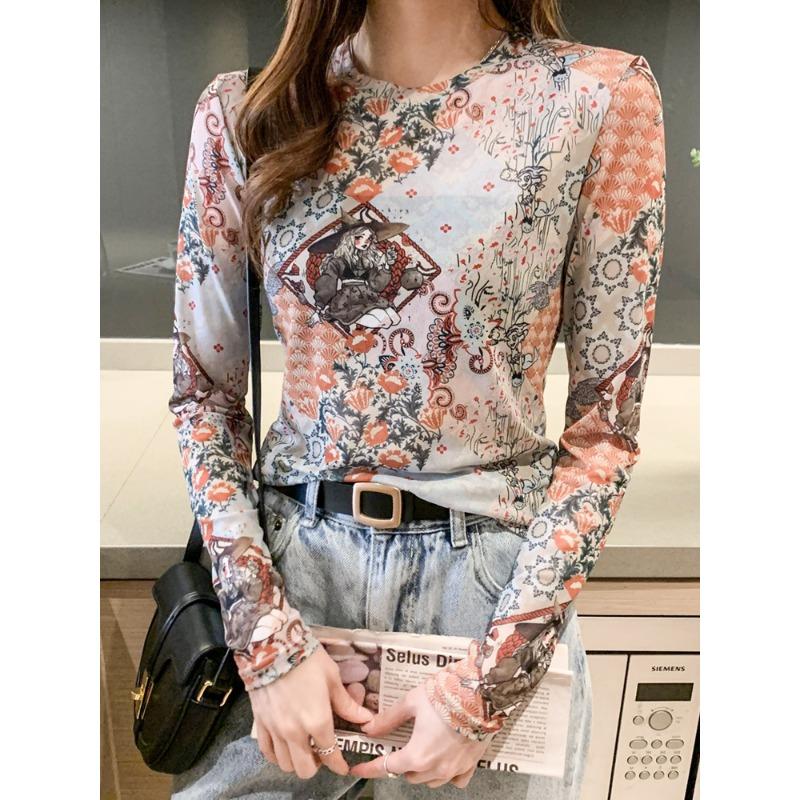 New Winter Slim Thin Long-sleeved Pullover Hoodie Underwear T-shirt Top Perspective Mesh Base Shirt for Women