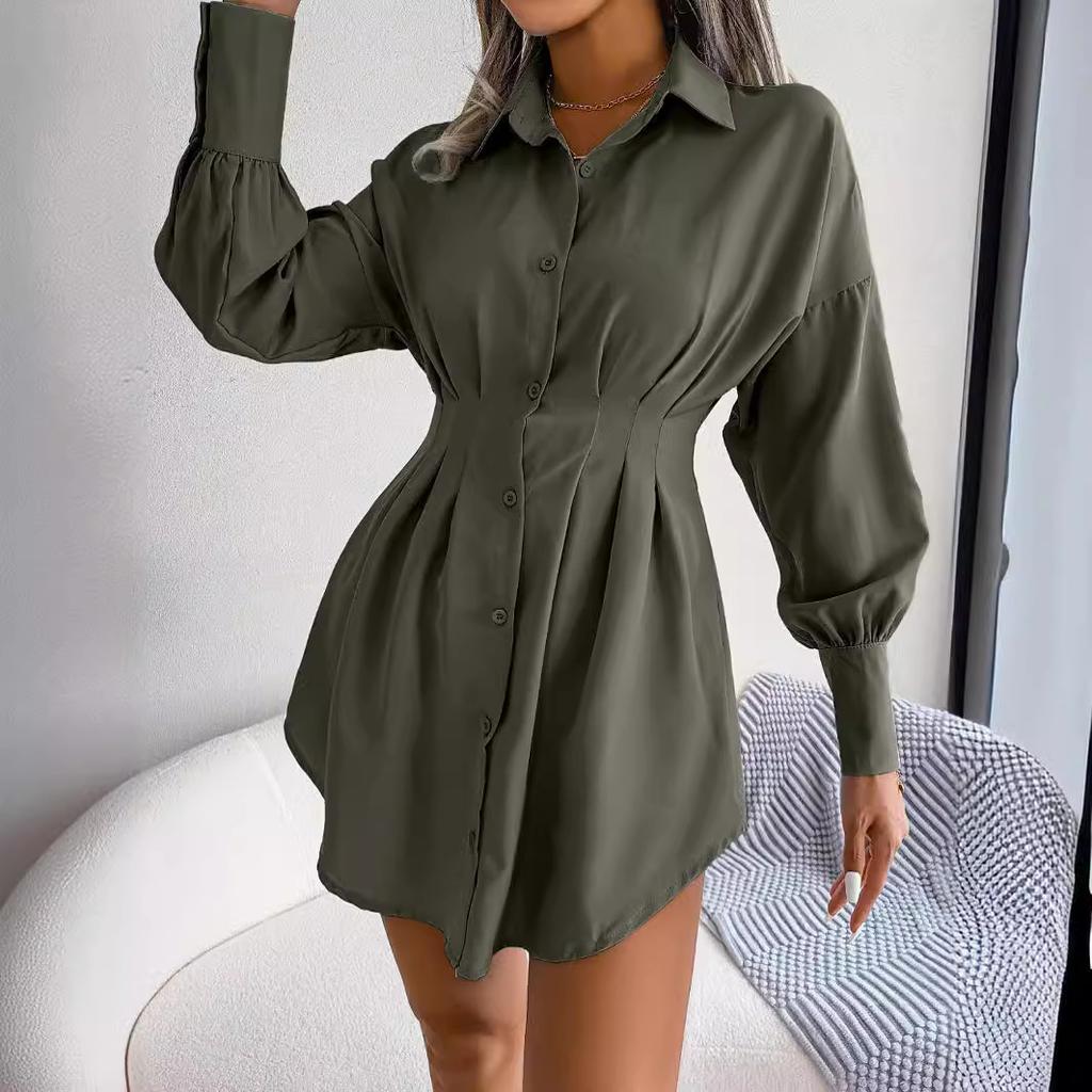 Spring Summer Women's Blousers Casual Lantern Sleeves Waist Shirt for Women Solid Color Commuting Style Ladies Overshirt