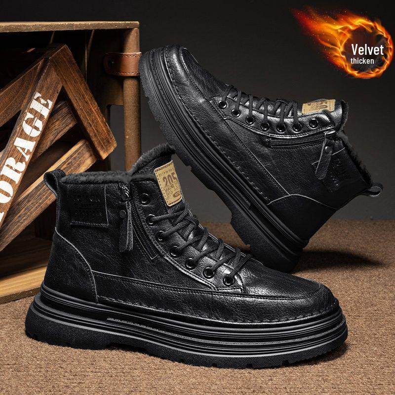 

Мужские черные кожаные зимние ботинки с высоким голенищем, толстой подошвой и вельветовой подкладкой 39