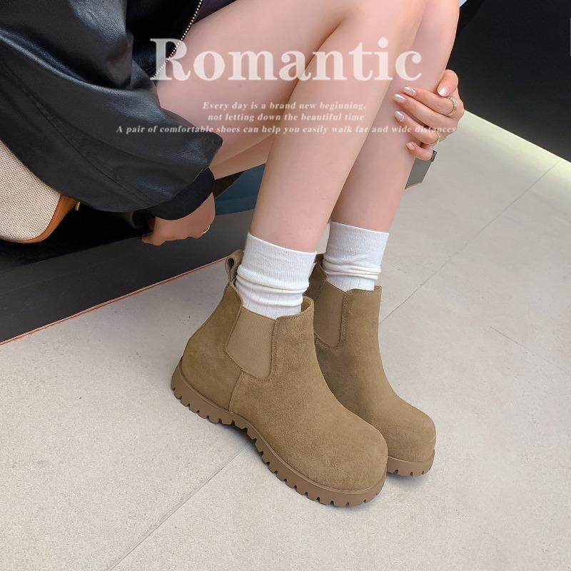 Cowhide version thick-soled inner height-increasing round-head Martin boots women's new retro matte leather versatile and thin Chelsea short boots