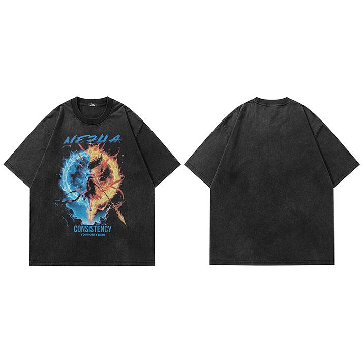 

Men Streetwear Hip Hop Oversized T Shirt Washed Black Anime Cartoon Graphic T Shirt Vintage Tshirt Harajuku Cotton Tops Tee S