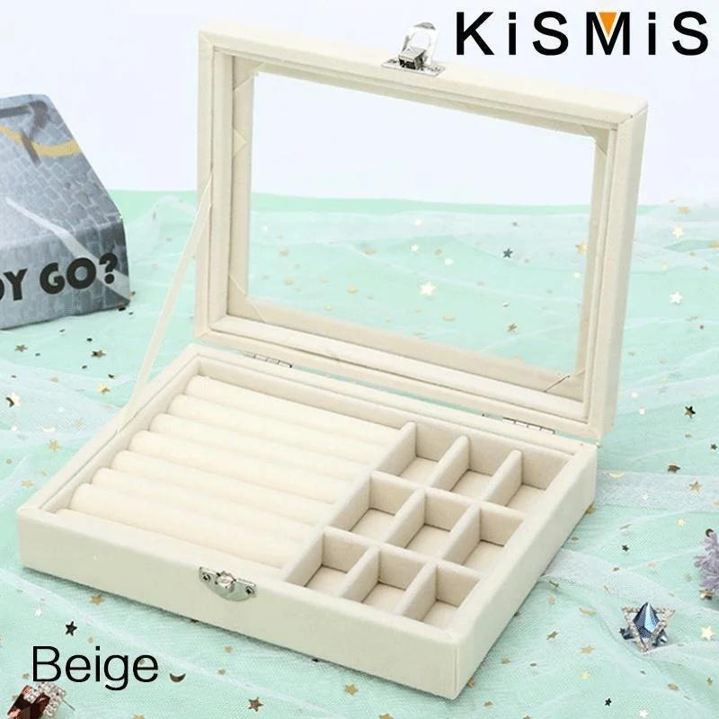 

Velvet Ring Organizer Box - Clear Lid Jewelry Holder, Dust-Proof Storage Tray for Rings and Earrings for Multiple Jewelry Pieces бежевый