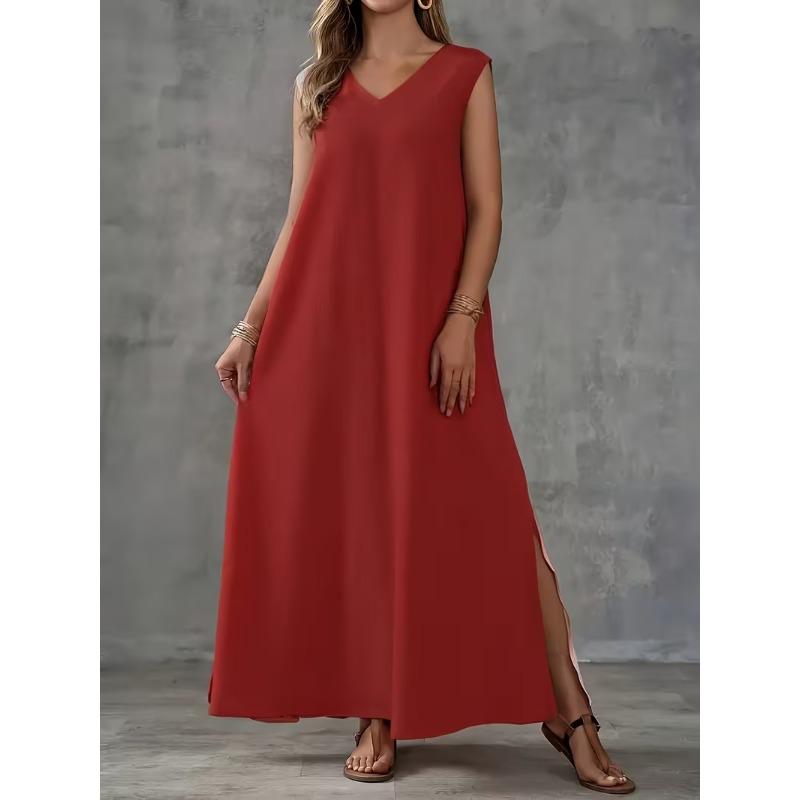 

Summer Dress for Women with Sleeveless V-neck and Side Slit, One-piece Dress, Elegant Long Dress 5XL червоний