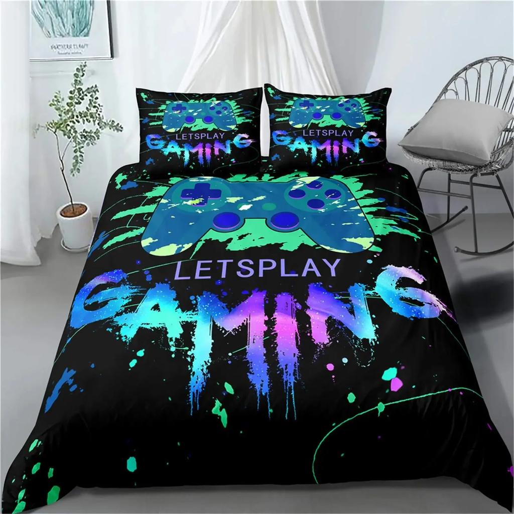 Gamer Duvet Cover Set Rotating Music Comforter Cover Gamepad Gaming Bedding Set for Boys Headphone Bedspreads Cover Queen Size