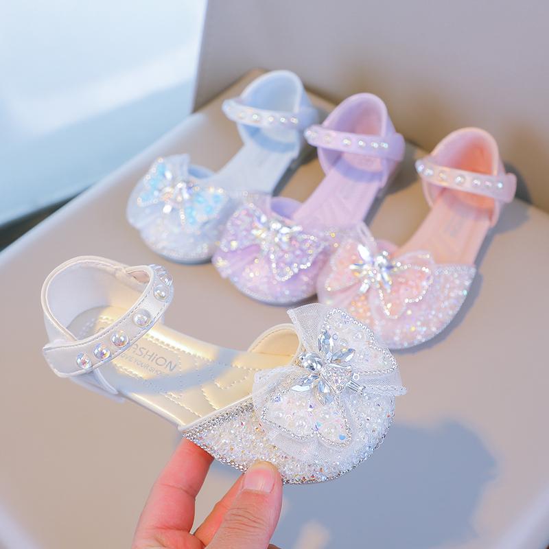 Girls Princess Shoes Mesh Lace Bow Kids Half Sandals Beauty Crystal Fairy Style 2025 New Girls Dance Shoes for Party Wedding