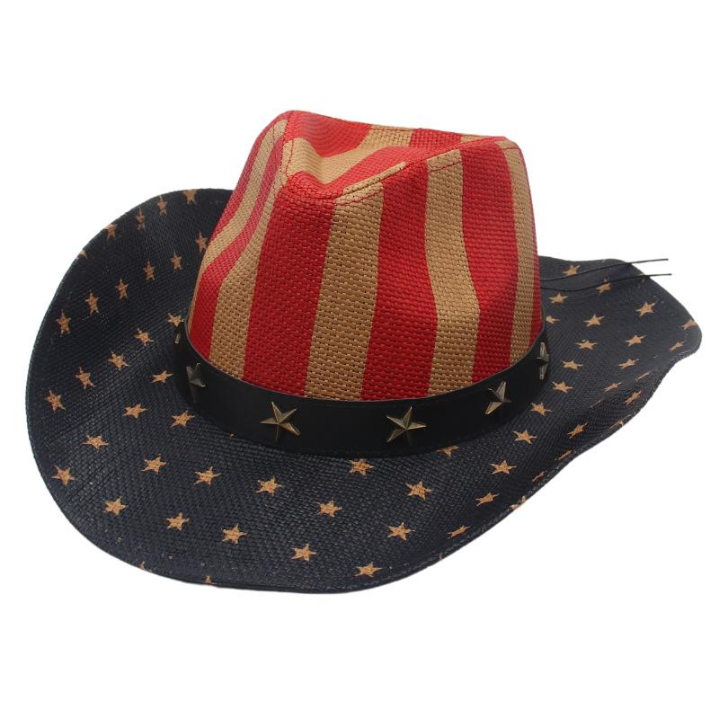 American Waterproof And Old Stars And Stripes Five-Pointed Star Striped Cowboy Hat With Curved Brim Equestrian Riding Jazz Top Hat