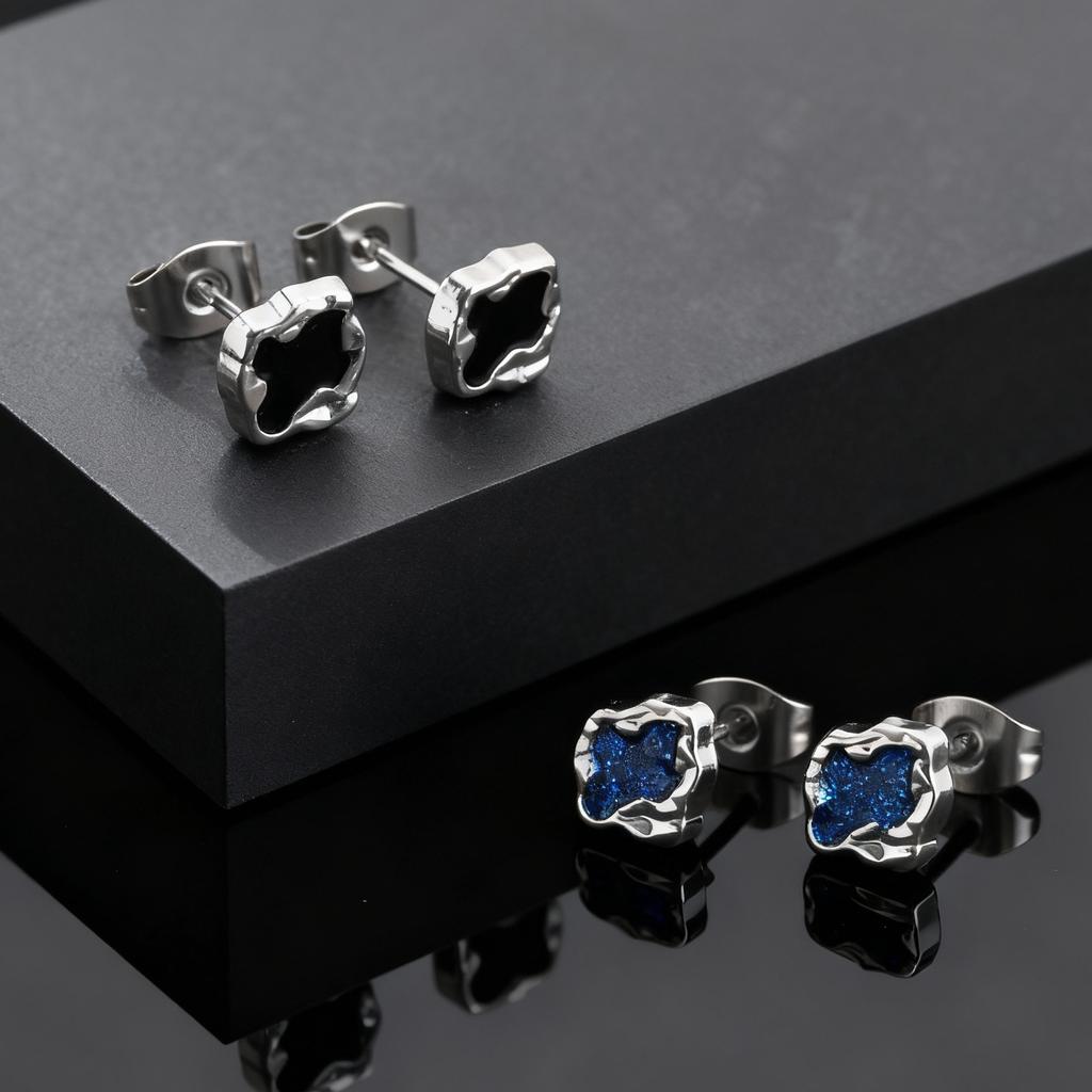 Fashion Punk Black Blue Irregular Geometric Metal Small Stud Earrings Trendy Waterproof Piercing Jewelry for Men Gifts