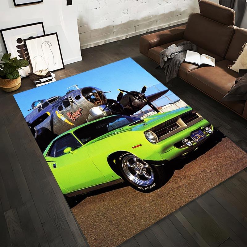 

Green Classic Muscle Car and Vintage Aircraft Design with Retro Style Background Suitable for use as an anti-slip1 for1room and bedroom sofas 40x60cm( 15x23in )