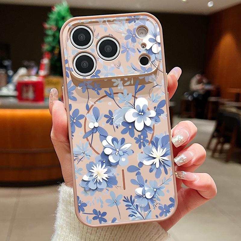 Magnetic For Magsafe Case For iPhone 17 Pro Max Blue and White Flowers Pattern Skin Feeling Cover For iPhone 16 15 14 13 Pro Max