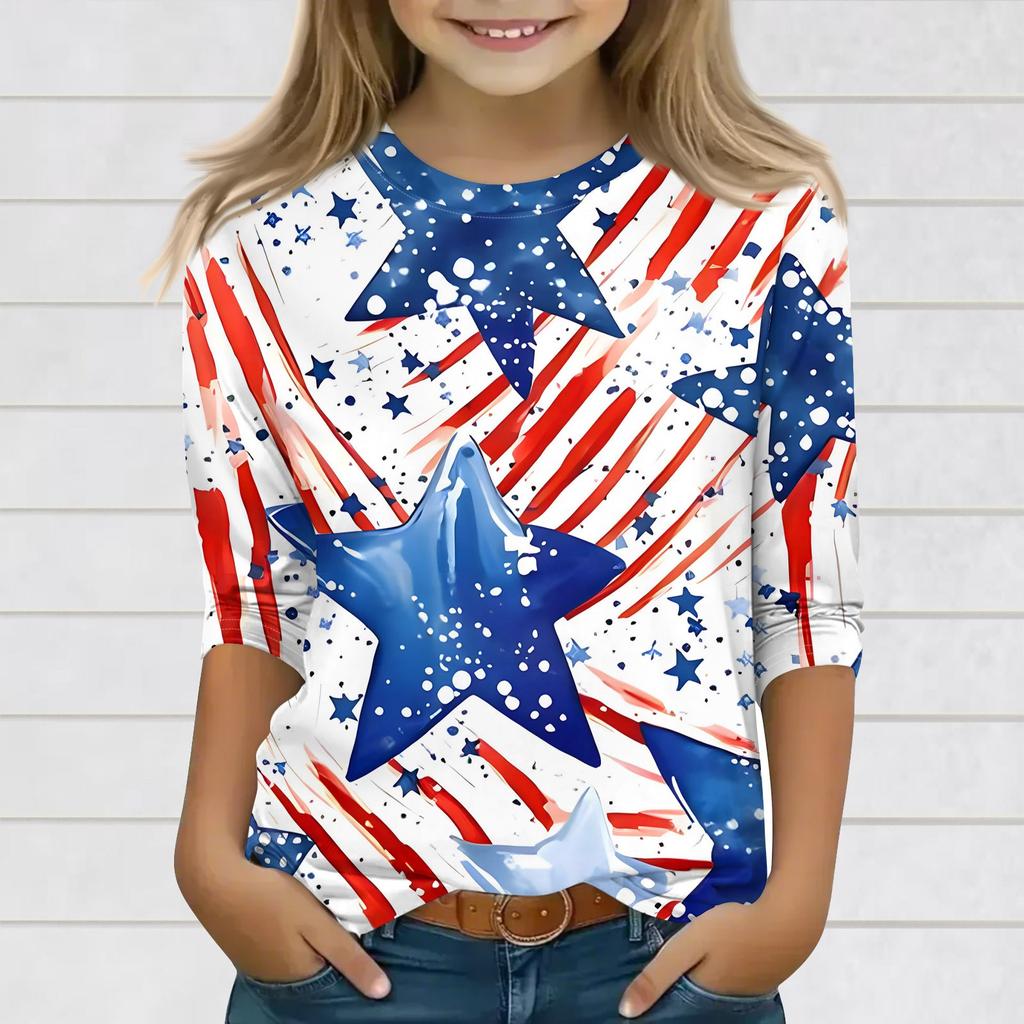 Print Tops For Youth Girls 3-10 Years Round Neck 3/4 Sleeves T-Shirts Trendy Tops Outfit Tees
