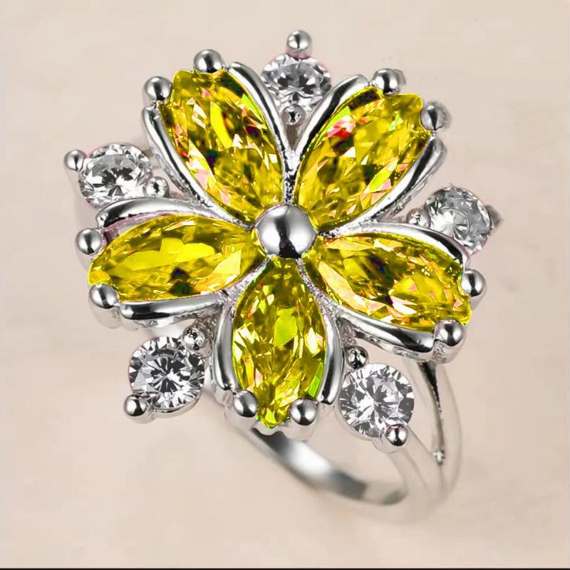 Flower Collection ! Exquisite Colorful Cubic Zircon Flower Engagement Ring For Women Party Jewelry Hand Accessories Size 6-10
