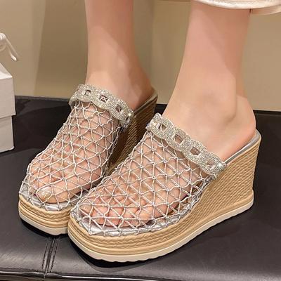Fashion Women's Closed Toe Wedge Heel Sandals Fashion Hollow Mesh Thick Sole Slippers Woman Summer Shiny Crystal Chunky Platform Sandals
