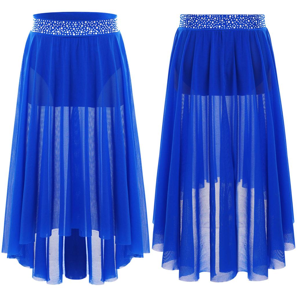 Girls Lyrical Contemporary Modern Dance Skirts Shiny Rhinestones Waistband Side Slit High Low Irregular Mesh Skirt Performance Costume
