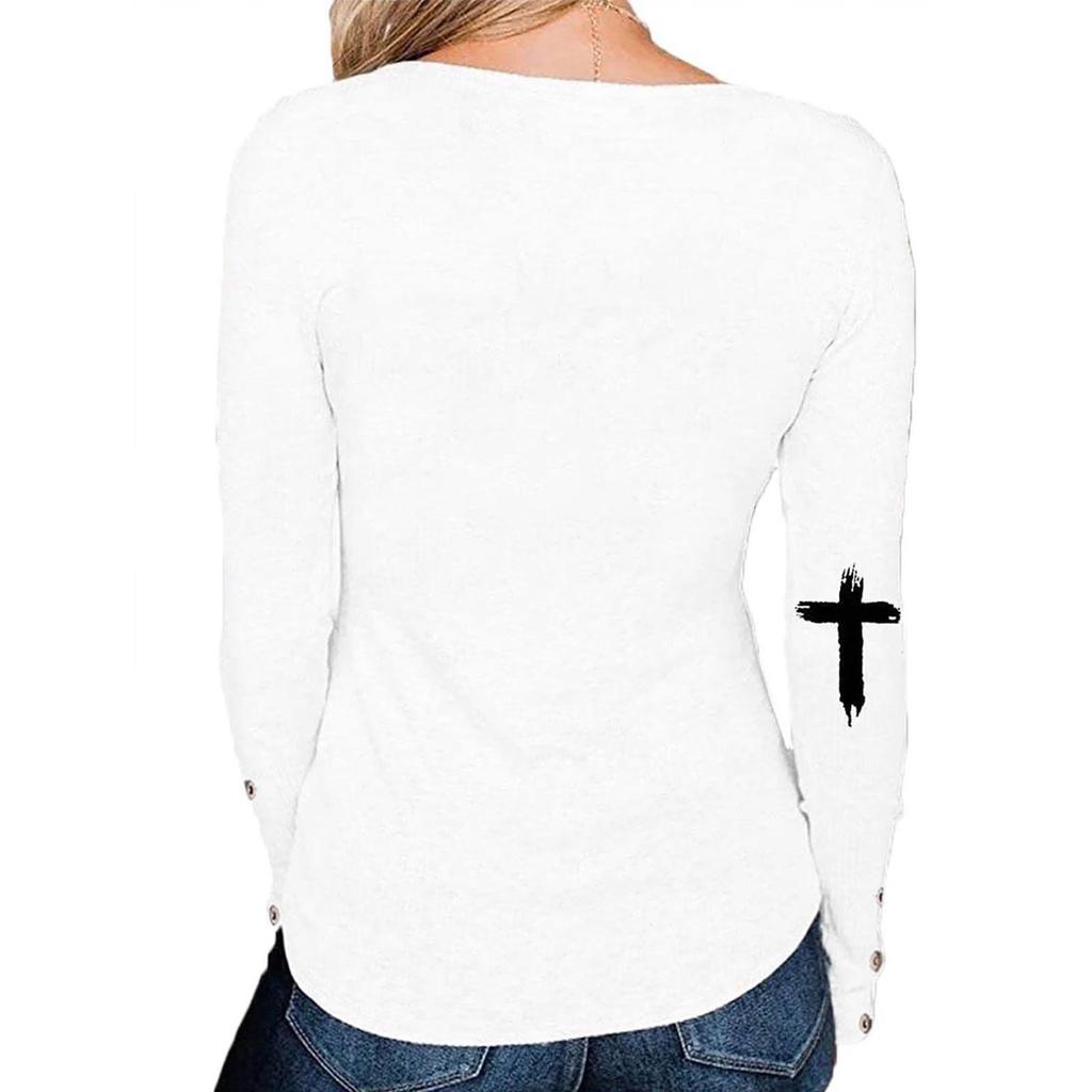 T-Shirts für Damen Langarm, Rundärmel Vertikales Kreuz Lässiges Grafik-Shirt,