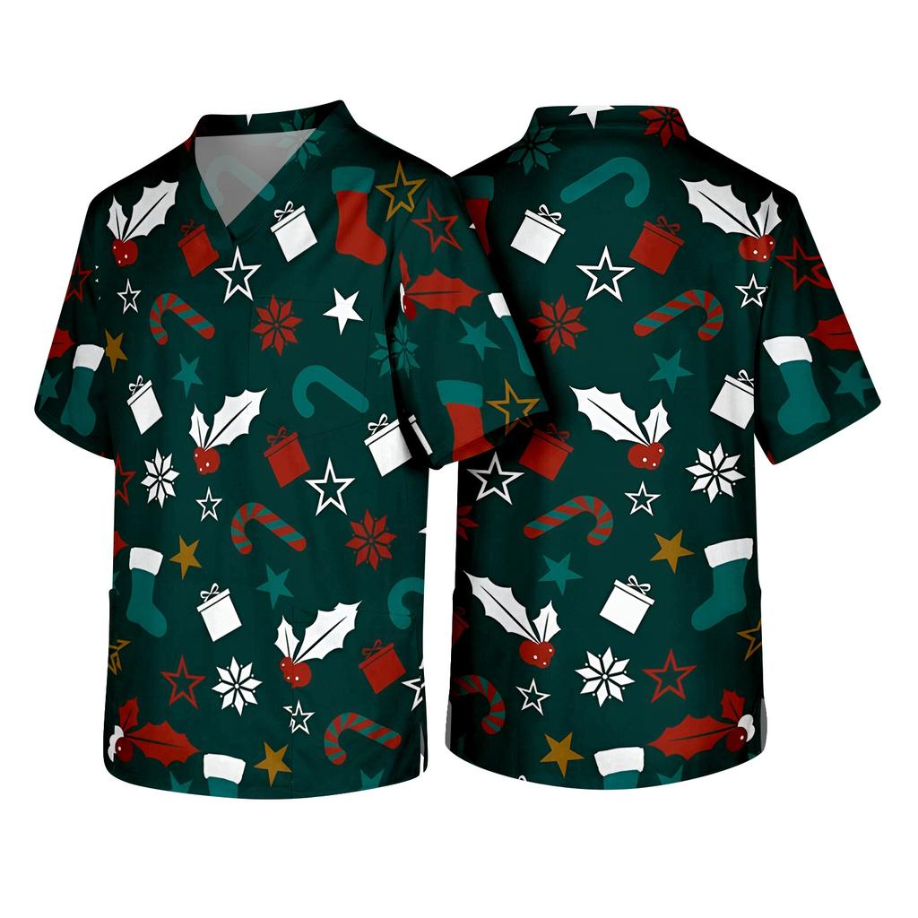 Men's Christmas Theme Caregiver Uniform, Holiday Scrub Top for Nurses and Workers