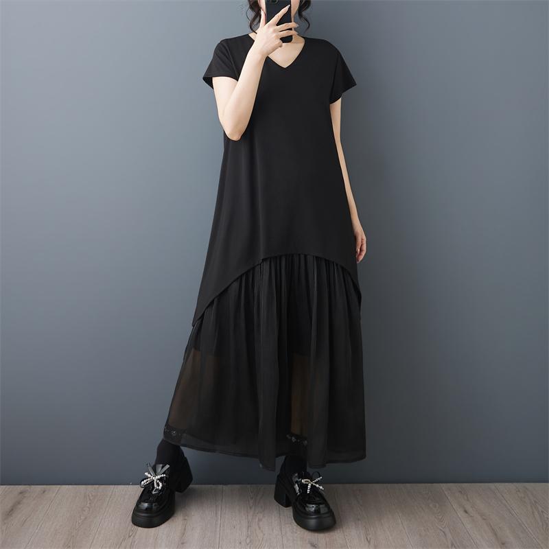 Short Sleeve Plus Size Black Mesh Patchwork Vintage New In Dresses for Women Casual Loose Long Summer Dress