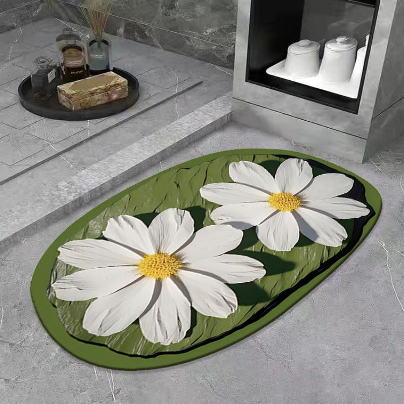 Green Flower Diatom Mud Bathroom Door Non-slip Absorbent Quick-drying Foot Mat Household Washable Toilet Toilet Floor Mat