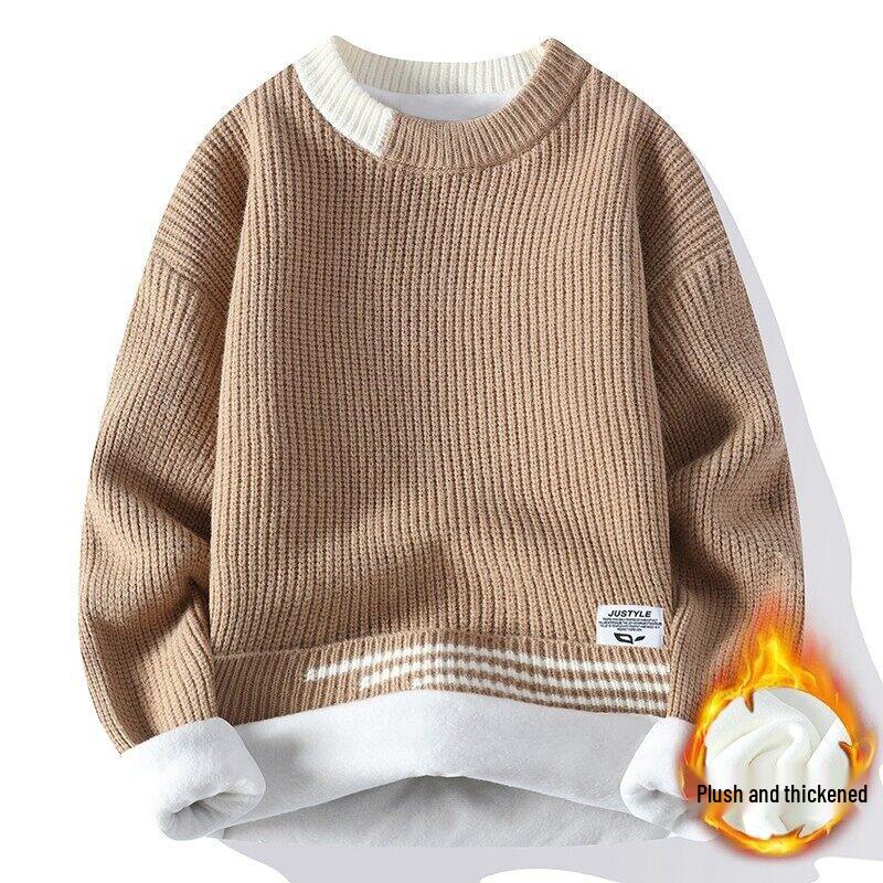 Men s Trendy Winter Round Neck Sweater - Warm, Loose, Plus Velvet, Thickened Knitwear XXL хаки