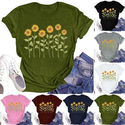 Dam Casual Rundhalsad T-shirt Topp med Blomtryck och Kort Ärm