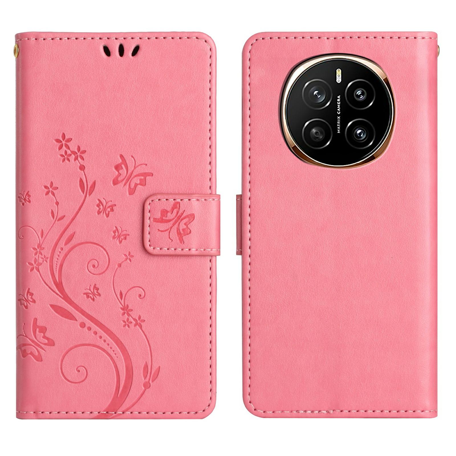 

For Honor Magic7 5G Leather Wallet Case Butterfly Flower Imprinted Phone Cover with Strap Pink
