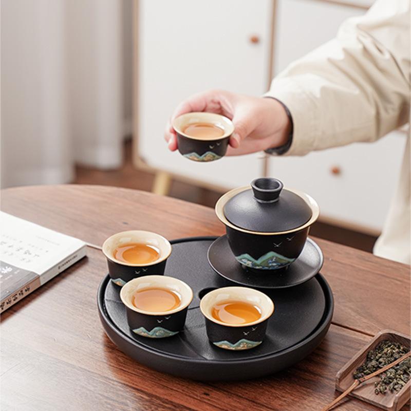 Black Pottery Travel Kung Fu Tea Set Portable Household Outdoor Ceramic Tea Pot Drinking Tea Cup Dry Brewing Plate Small Set