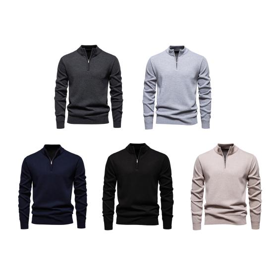 Men Sweatshirt Stand Collar Zipper Half Placket Long Sleeve Pullover Tops Solid Color