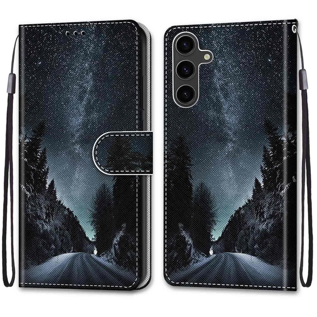 Módní malovaný vzor kryt Lanyard Flip Kožené pouzdro pro iPhone Samsung Huawei Honor Xiaomi Redmi OPPO Realme Moto Asus