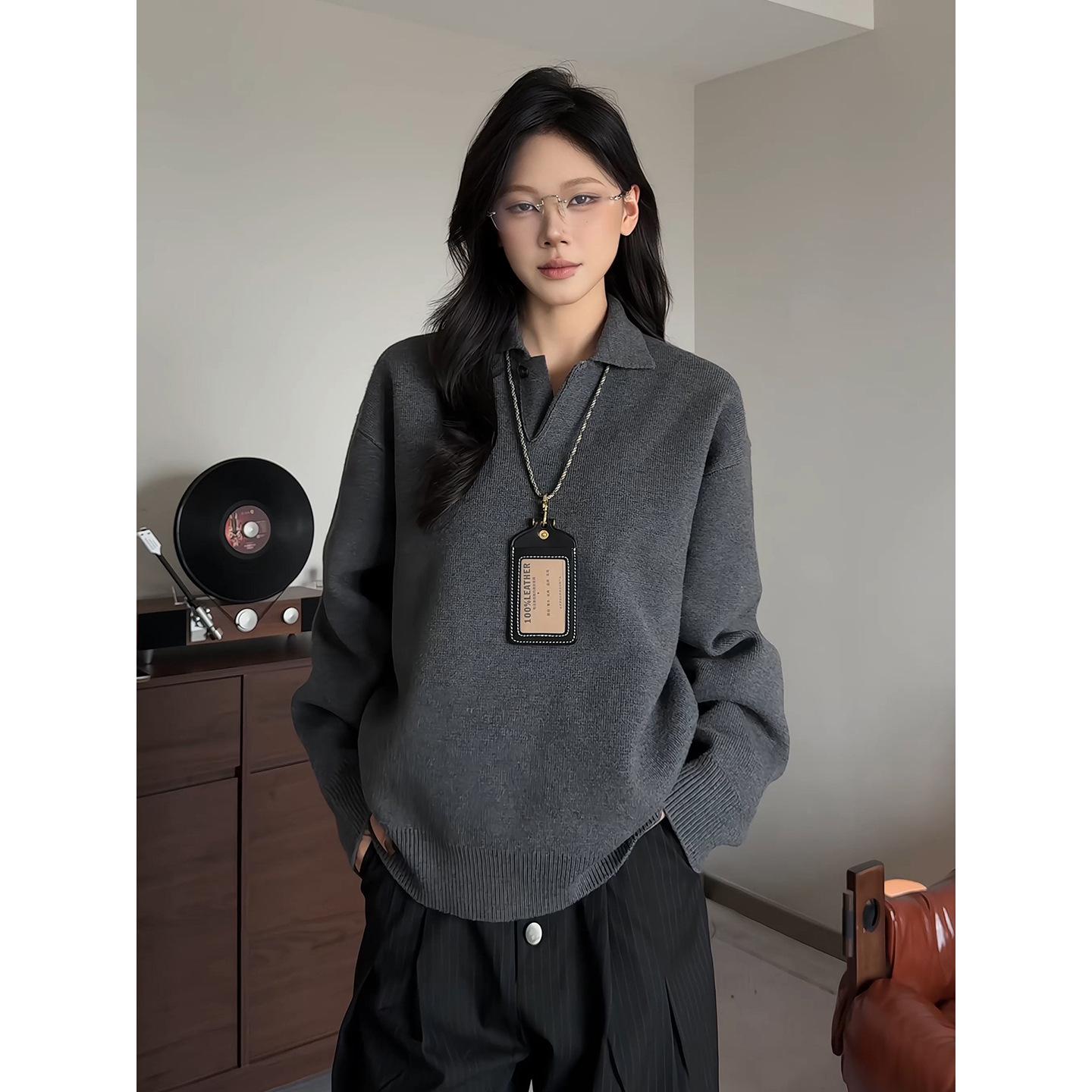 Dark Gray Unisex V-neck Sweater, Cozy Knit Base Layer, Old Money Style Polo Top for Trendsetters M