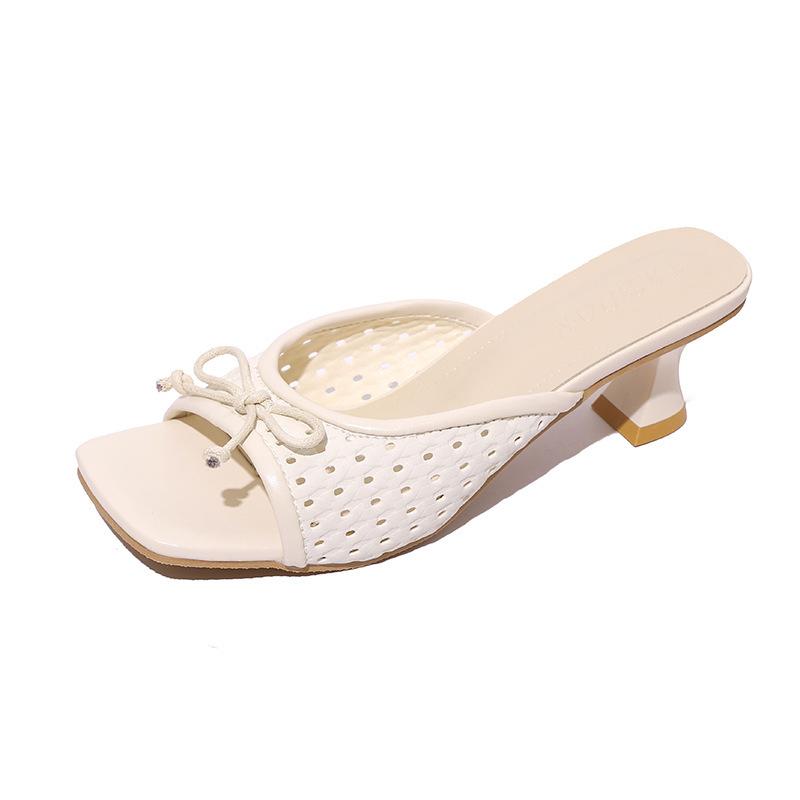 Outer skirt fairy square head French hollow hole female summer bow high heel wind with cool slippers one-word slippers