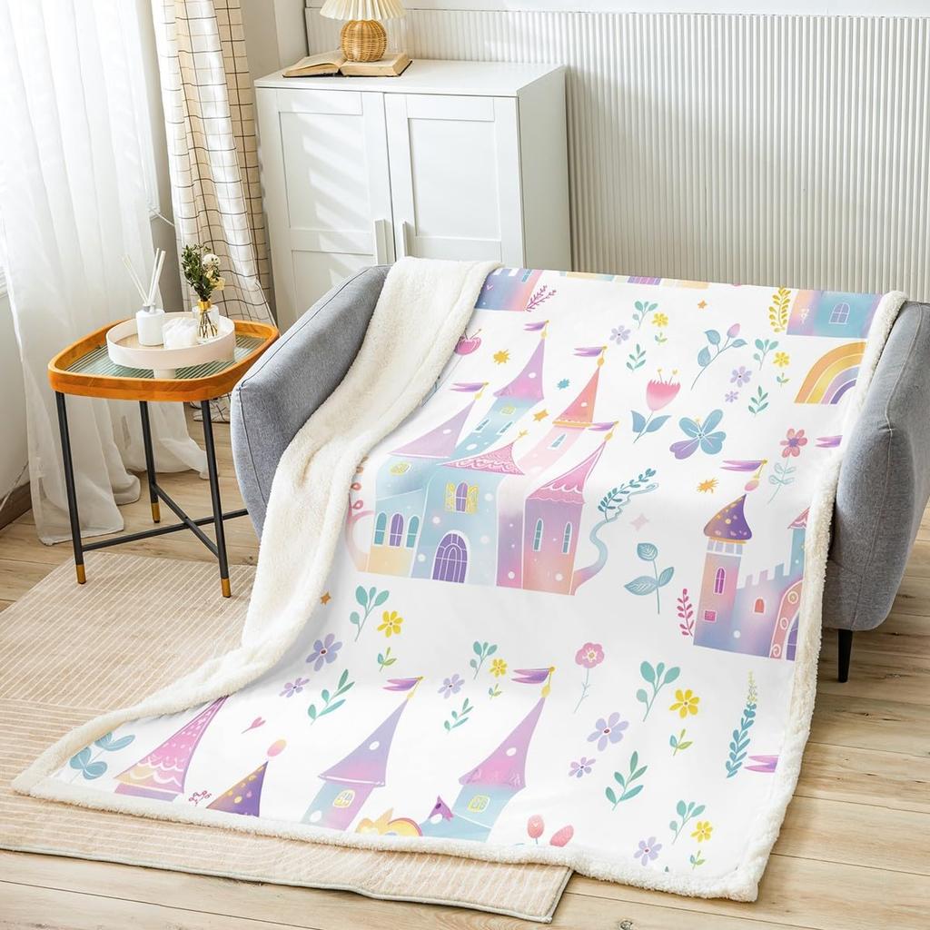 Princess Flannel Blanket All Seasons Dreamy Castle Girl Bed Throw for Kawaii Decor Watercolor Paint Print Purple Blanket for Kid
