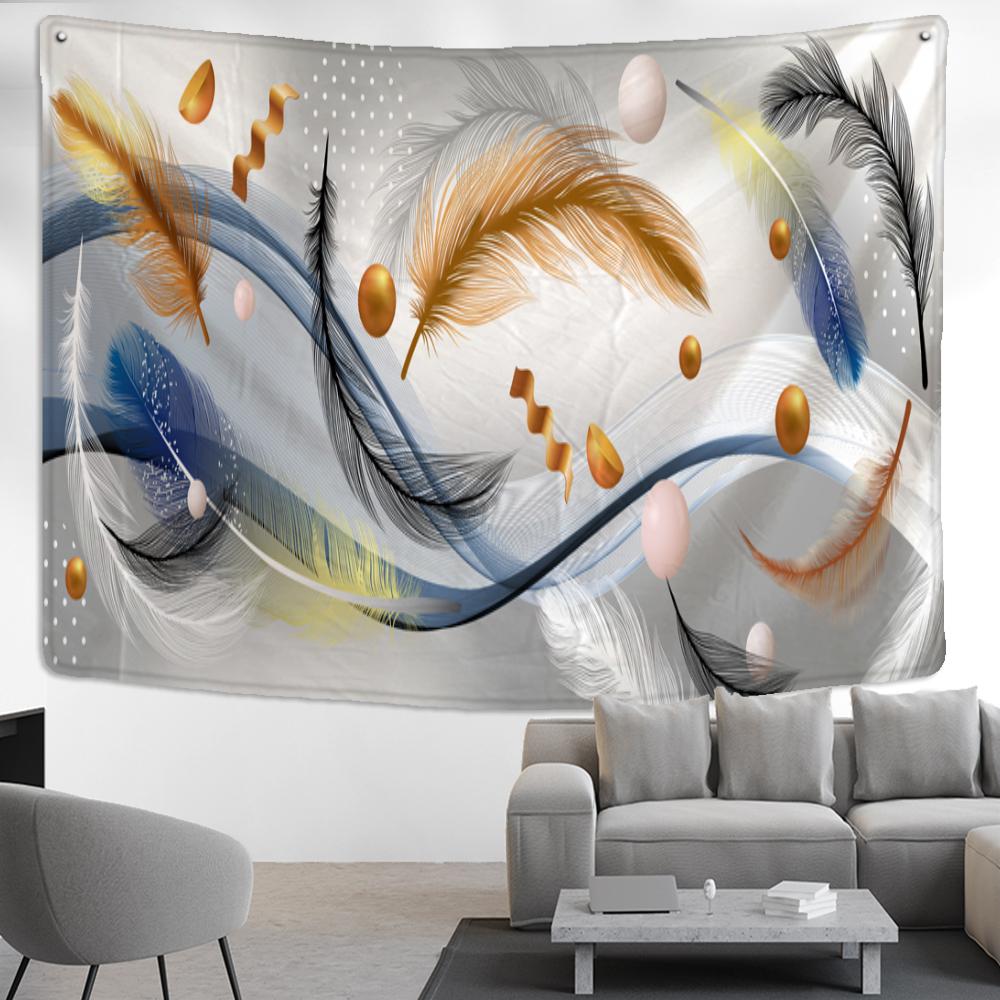 Tapiserie cu pene de păun agățat pe perete stil nordic boem, mister psihedelic, hippie, decor simplu pentru acasă