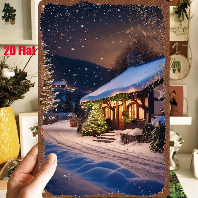 D Flat pc D Flat Metal Sign Vintage Tin Painting Winter Night Snow Scene Cabin xinxcm Depicting a Cozy Cabin in t