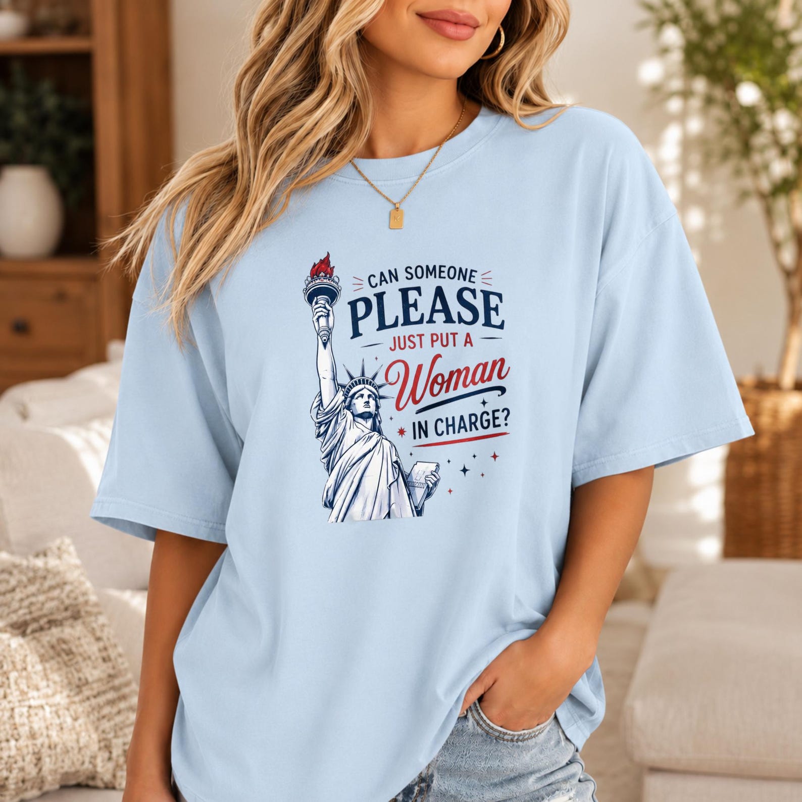 Put A Woman In Charge Statue Of Liberty Womens Tee, Feminist Patriotic USA Graphic Shirt, Red Blue Liberty Figure Equal Rights Short Sleeve M