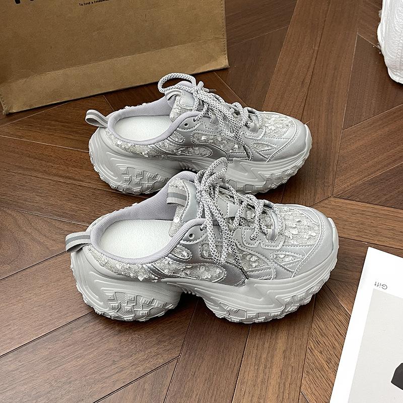 

Platform dad shoes without heels, women s bag head half slippers, spring and summer new small versatile sports and leisure shoes 40 серебряный серый