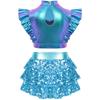 Girls Jazz Dance Outfit Mock Neck Rhinestone Adorned Mesh Patchwork Sleeveless Metallic Ruffle Crop Top
