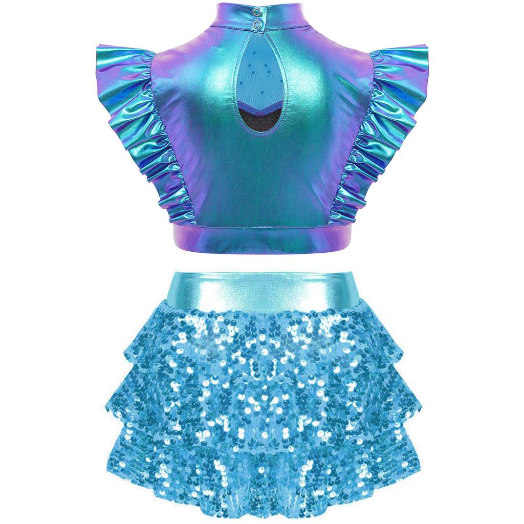 Girls Jazz Dance Outfit Mock Neck Rhinestone Adorned Mesh Patchwork Sleeveless Metallic Ruffle Crop Top