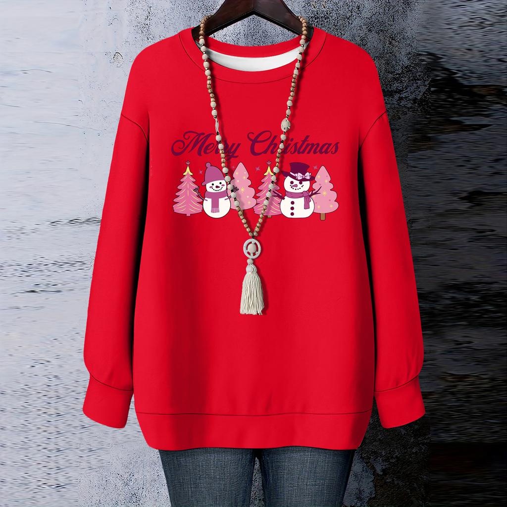 Ladies' Christmas Printed Round Neck Long Sleeved T-shirt Sweatshirt Top