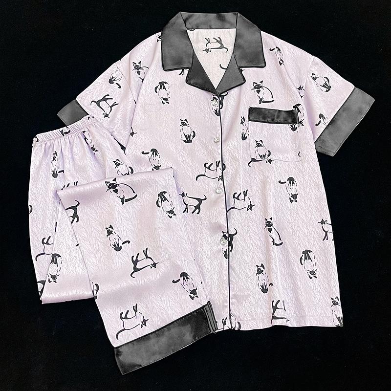 Summer New Ladies Sweet Satin Silk Floral Printed Pajamas Set Short Sleeve+Pants Women Cute Homewear Casual Wear