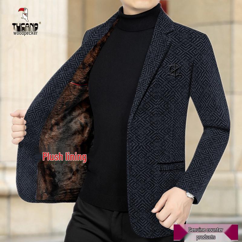 Woodpecker Men's Cashmere Wool Suit - Plush, Thickened Winter Wear for Middle-Aged & Casual Dad Style.