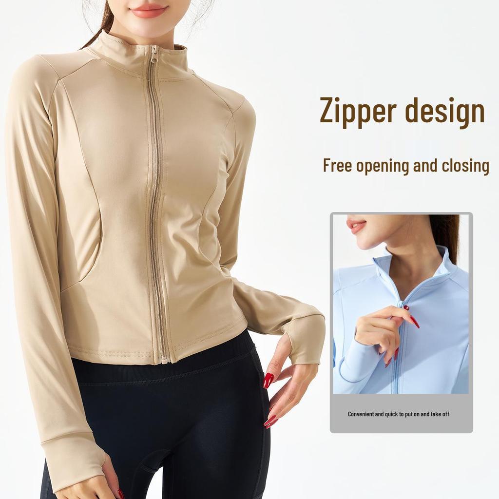 Damska kurtka do jogi szybkoschnąca: Dopasowany kardigan zapinany na zamek ze stójką do biegania i treningu