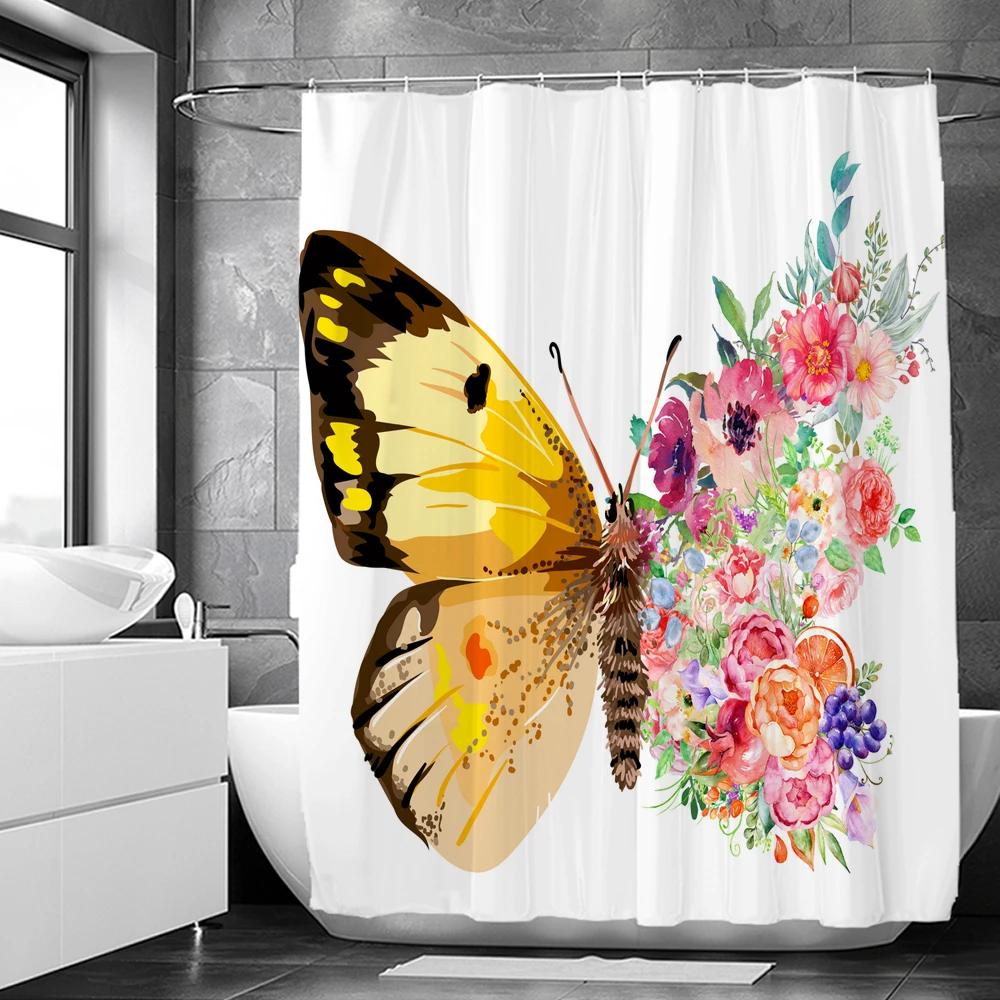 Plant Sunflower Butterfly Flowers Shower Curtain Print Modern Nordic Minimalist Polyster Home Decor Bathroom Curtain with Hooks