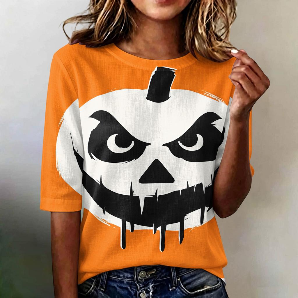 Loose Fit Womens Casual Short Sleeve Top Round Neck Lightweight Comfortable Pullover Shirt with Halloween Themed Print