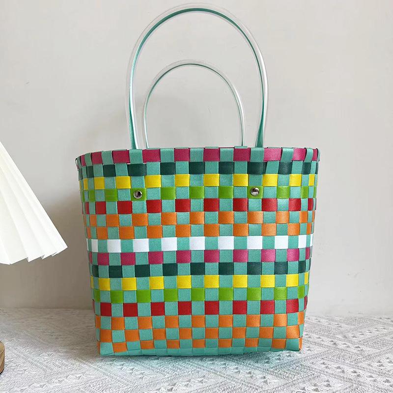 Children's Rainbow Plaid Woven Handbag - DIY Summer Bag for Vegetables & Fruits